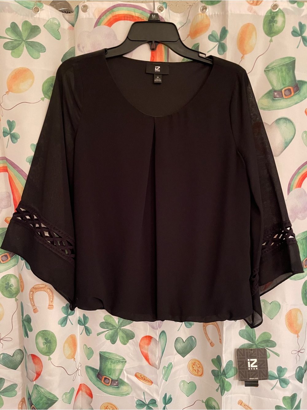 Iz Byer Black Chiffon Blouse with Lattice Trim Sleeves
